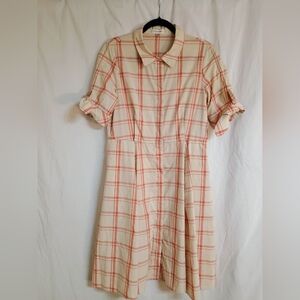 Calvin Klein Cream and Coral Plaid Long Sleeve Dress